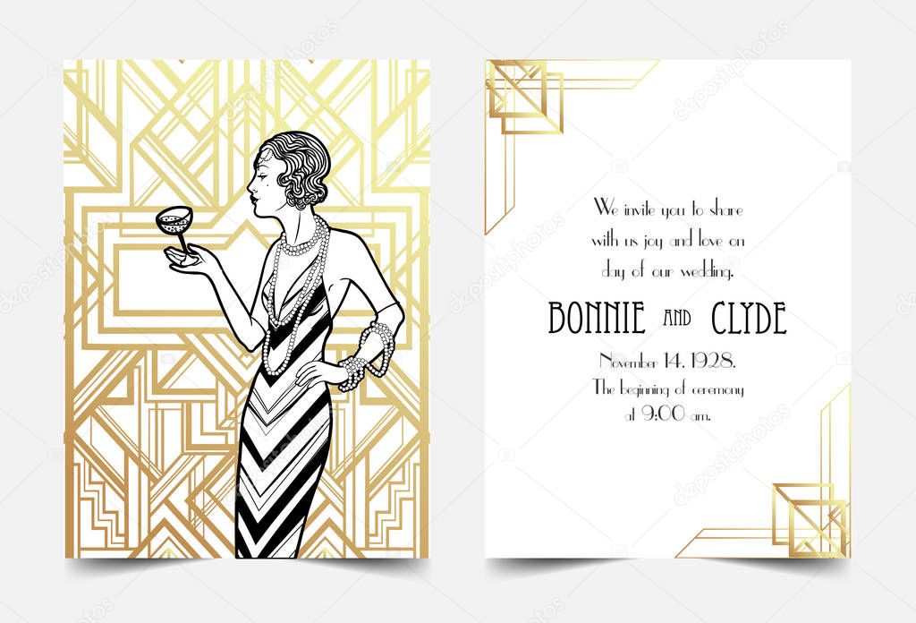Art Deco vintage invitation template design. patterns and frames