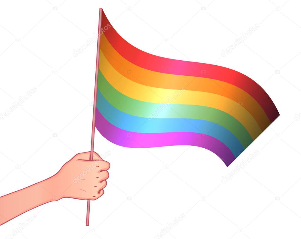 Human hand holding flag of LGBT community on flagstaff