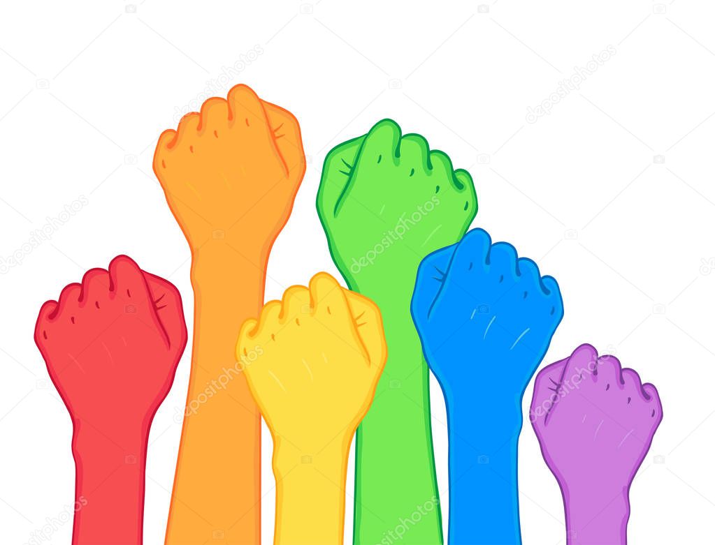 Fight for gay rights - human fists raised up isolated on white background