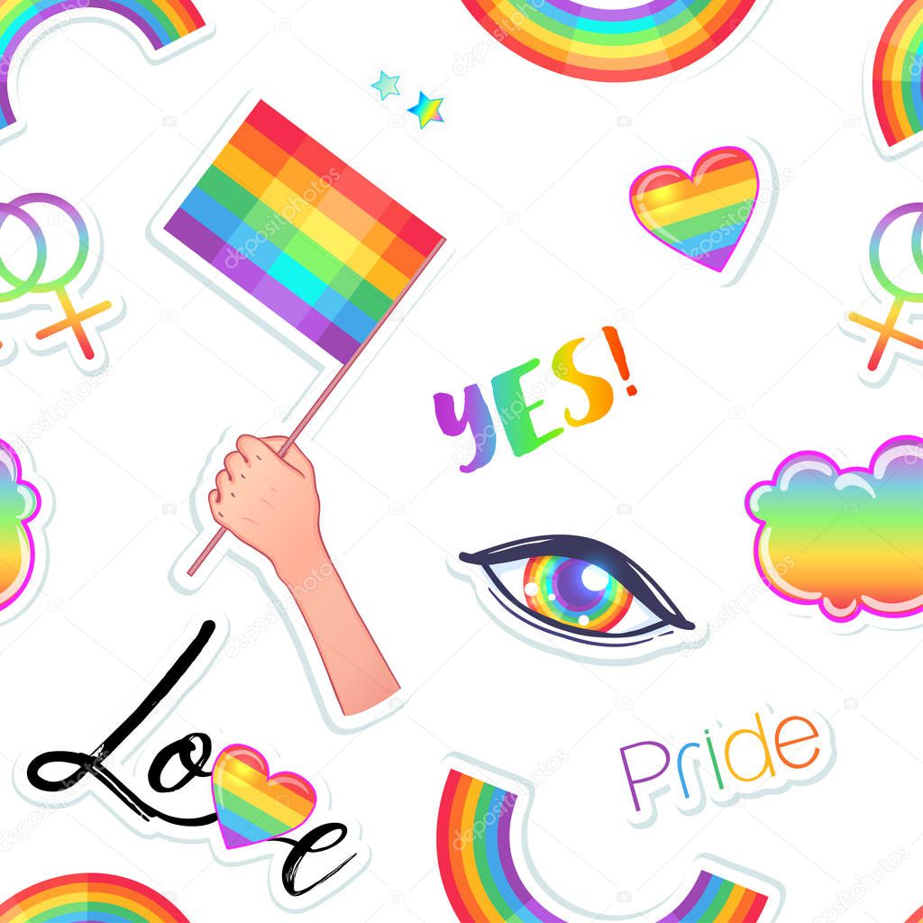 Set of  LGBT logo symbols stickers: Flags, hearts, Badges, pins, patches, icons in rainbow colors