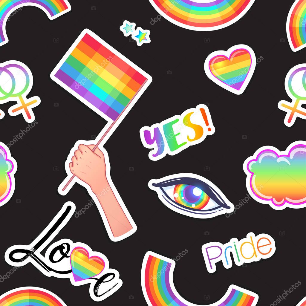 Set of  LGBT logo symbols stickers: Flags, hearts, Badges, pins, patches, icons in rainbow colors