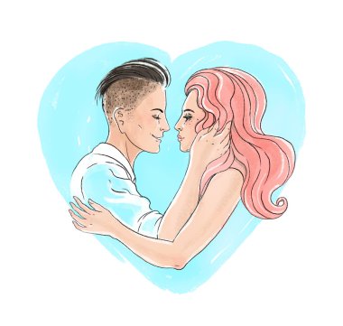 Beyaz arka plan üzerinde izole kalp şekli üzerinde öpüşme Romantik Çift