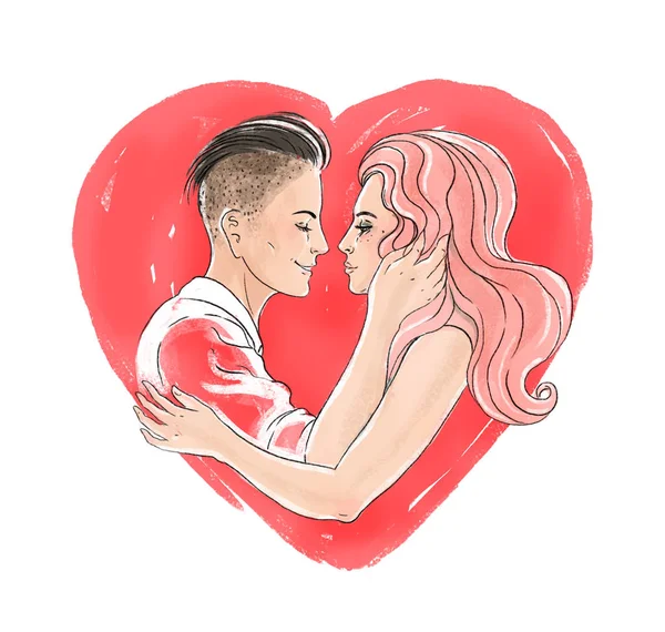 Romantyczna Para Całować Serca Kształt Białym Tle — Zdjęcie stockowe