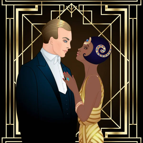 Beautiful multiracial couple in art deco style. Retro fashion: glamour man and woman of twenties. Vector illustration. Flapper 20s style. Vintage party design template. — Stock Vector