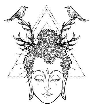 Buda'nın yüzüne süslü mandala desen yuvarlak. Ezoterik vintage 