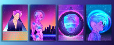 Futuristic synth wave style. Retroparty  flyer template. Portrai clipart