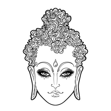 Buda 'nın yüzü bembeyaz. Esrarengiz klasik vektör çizimi. Hint, Budizm, ruhani sanat. Hippi dövmesi, ruhanilik, Tayland tanrısı, yoga zen