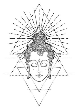 Buda 'nın yüzü mandala şeklinin üzerinde. Esrarengiz klasik vektör çizimi. Hint, Budizm, ruhani sanat. Hippi dövmesi, ruhanilik, Tayland tanrısı, yoga zen