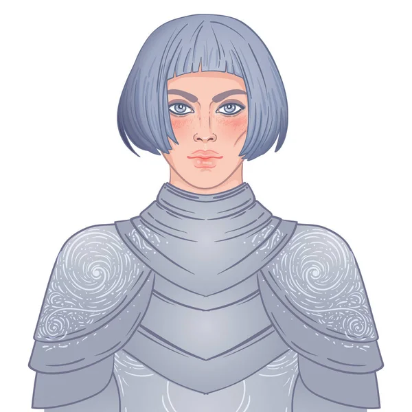 Potret gadis cantik dengan pedang. Ksatria berbaju baja wanita. Vektor ilustrasi. Estetika abad pertengahan. Kekuatan wanita. Joan of Arc terinspirasi. Stok Vektor