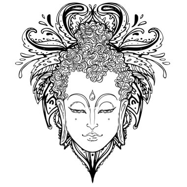 Buda 'nın yüzü mandala şeklinin üzerinde. Esrarengiz klasik vektör çizimi. Hint, Budizm, ruhani sanat. Hippi dövmesi, ruhanilik, Tayland tanrısı, yoga zen