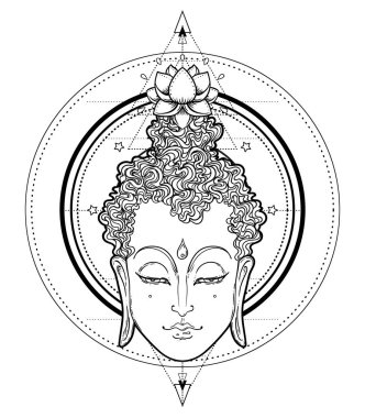 Buda 'nın yüzü mandala şeklinin üzerinde. Esrarengiz klasik vektör çizimi. Hint, Budizm, ruhani sanat. Hippi dövmesi, ruhanilik, Tayland tanrısı, yoga zen