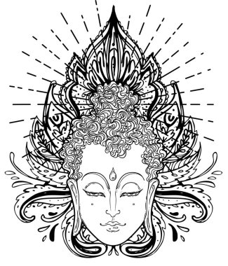 Buda 'nın yüzü mandala şeklinin üzerinde. Esrarengiz klasik vektör çizimi. Hint, Budizm, ruhani sanat. Hippi dövmesi, ruhanilik, Tayland tanrısı, yoga zen
