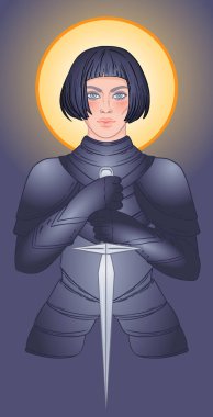 Kılıçlı güzel bir kızın portresi. Zırhlı kadın şövalye. Vektör çizimi. Ortaçağ estetiği. Kız gücü. Joan of Arc 'ın ilham kaynağı.