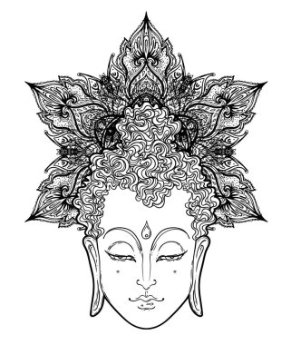 Buda 'nın yüzü mandala şeklinin üzerinde. Esrarengiz klasik vektör çizimi. Hint, Budizm, ruhani sanat. Hippi dövmesi, ruhanilik, Tayland tanrısı, yoga zen