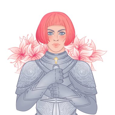 Kılıçlı güzel bir kızın portresi. Zırhlı kadın şövalye. Vektör çizimi. Ortaçağ estetiği. Kız gücü. Joan of Arc 'ın ilham kaynağı.