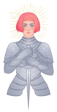 Kılıçlı güzel bir kızın portresi. Zırhlı kadın şövalye. Vektör çizimi. Ortaçağ estetiği. Kız gücü. Joan of Arc 'ın ilham kaynağı.