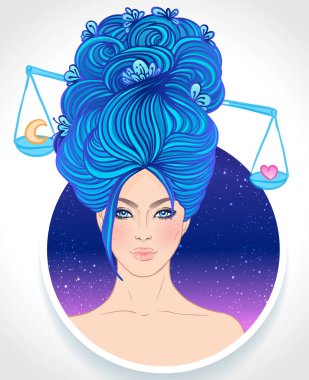Terazi burcunun güzel bir kız olarak tasviri. Zodiac vektör çizimi beyaza izole edildi. Gelecek anlatımı, yıldız falı, simya, maneviyat, okültizm