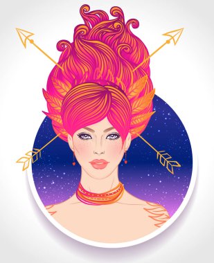 Yay burcunun güzel bir kız olarak resmedilmiş hali. Zodiac vektör çizimi beyaza izole edildi. Gelecek anlatımı, yıldız falı, simya, maneviyat, okültizm