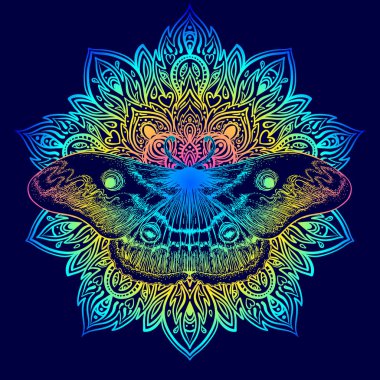 Güve mandala üstünde. Güzel klasik yuvarlak desen. Vektör çizimi. Psikedelik neon bileşimi. Hint, Budizm, Ruhani Dövme, yoga, maneviyat.