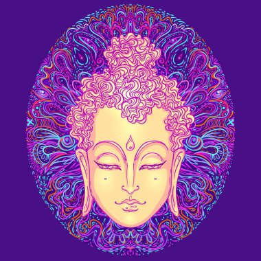 Buda 'nın yüzü mandala desenini süslüyor. Esrarengiz klasik vektör çizimi. Hint, Budizm, ruhani sanat. Hippi dövmesi, ruhanilik, Tayland tanrısı, yoga zen