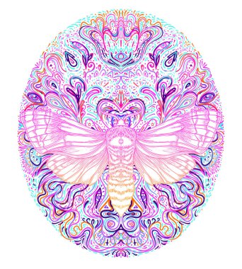 Güve mandala üstünde. Güzel klasik yuvarlak desen. Vektör çizimi. Psikedelik neon bileşimi. Hint, Budizm, Ruhani Dövme, yoga, maneviyat.