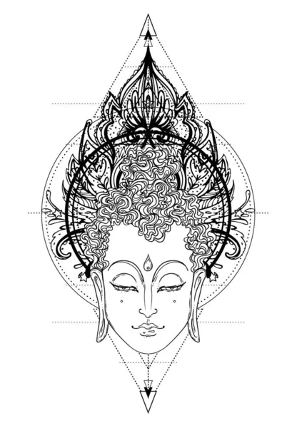 Будда лицом над украшенной мандалой круглый узор. Эзотерическая винтажная векторная иллюстрация. Индийский, буддизм, духовное искусство. Татуировка хиппи, духовность, тайский бог, йога дзен — стоковый вектор