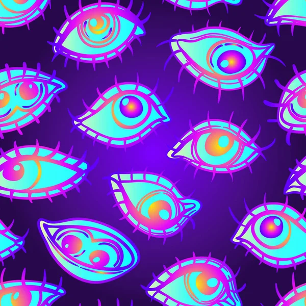 Eyes, seamless pattern over colorful dotted retro 80s, 90s abstract background. Vintage psychedelic textile, fabric, wrapping, wallpaper. Vector illustration. Astrology, religion. — Stock Vector