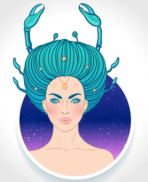 Ilustração do Câncer signo astrológico como uma menina bonita. Ilustração do vetor do zodíaco isolado no branco. Contação futura, horóscopo, alquimia, espiritualidade, ocultismo — Vetor de Stock