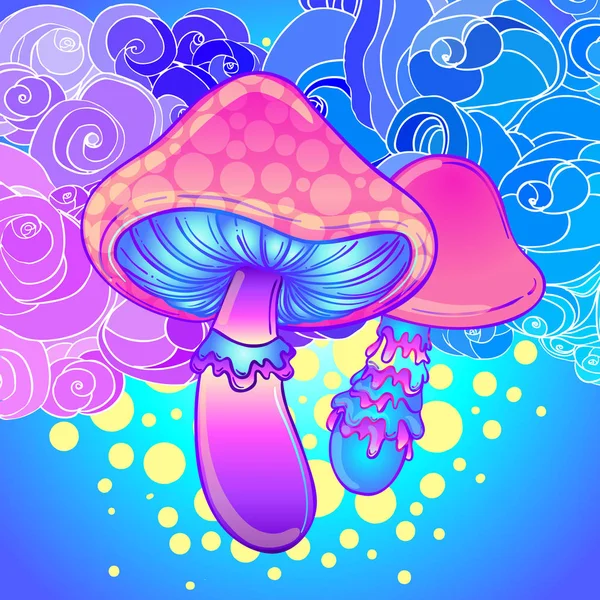 Champignons magiques. hallucination psychédélique. Illustration vectorielle vibrante. Art coloré hippie des années 60. Décoration dans le tatouage de style boho ethnique. — Image vectorielle