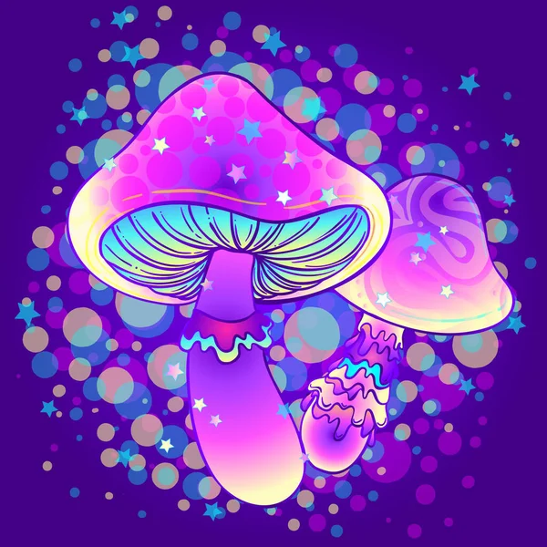 Champignons magiques. hallucination psychédélique. Illustration vectorielle vibrante. Art coloré hippie des années 60. Décoration dans le tatouage de style boho ethnique. — Image vectorielle