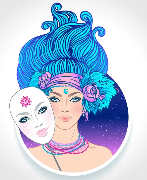 Ilustracja znaku astrologicznego Gemini jako pięknej dziewczyny w masce. Ilustracja wektora zodiaku odizolowana na białym. Przyszłość, horoskop, alchemia, duchowość, okultyzm, — Wektor stockowy