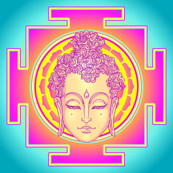 Cara de buda sobre adornado patrón de mandala. Ilustración del vector vintage esotérico. India, budismo, arte espiritual. Tatuaje hippie, espiritualidad, dios tailandés, yoga zen — Archivo Imágenes Vectoriales