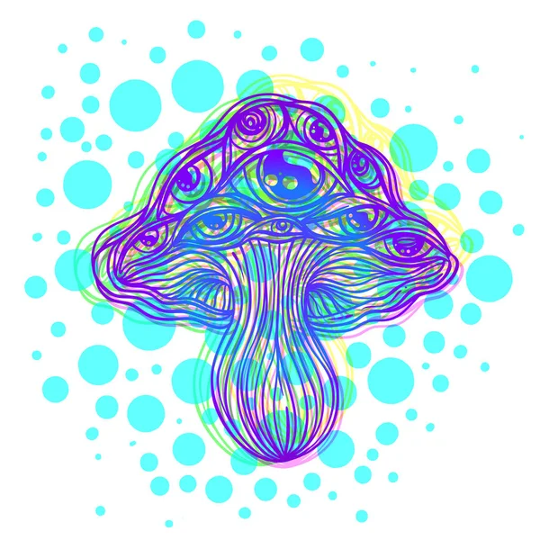 Champignons magiques. hallucination psychédélique. Illustration vectorielle vibrante. Art coloré hippie des années 60. Décoration dans le tatouage de style boho ethnique. — Image vectorielle