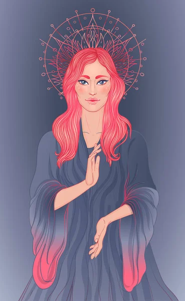 Dame de la douleur. Dévotion au Cœur Immaculé de la Bienheureuse Vierge Marie, Reine du Ciel. Illustration vectorielle sur halo ou mandala orné isolé. — Image vectorielle