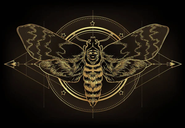 Gouden mot over heilige geometrie teken, geïsoleerde vector illustratie. Tatoeëflitser. Mystieke symbolen en insecten in goud. Alchemie, occultisme, spiritualiteit. — Stockvector