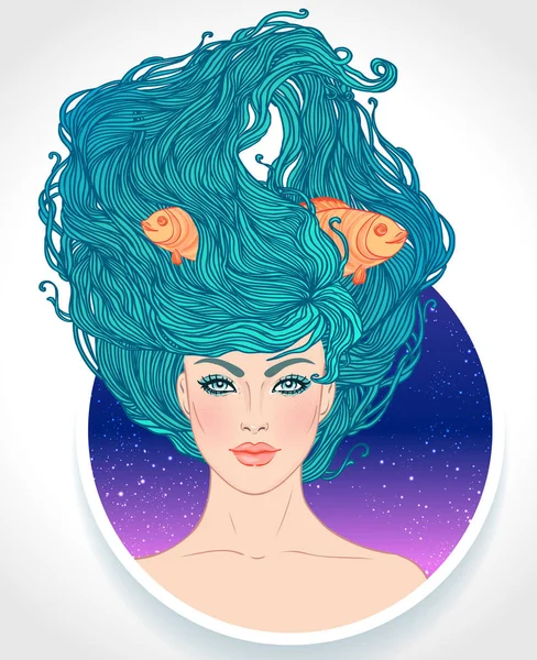 Illustration av Fiskars astrologiska tecken som en vacker flicka. Zodiac vektor illustration isolerad på vitt. Framtida berättande, horoskop, alkemi, andlighet, ockultism — Stock vektor