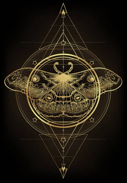 Polilla dorada sobre signo de geometría sagrada, ilustración vectorial aislada. Flash de tatuaje. Símbolos místicos e insectos en oro. Alquimia, ocultismo, espiritualidad. — Vector de stock