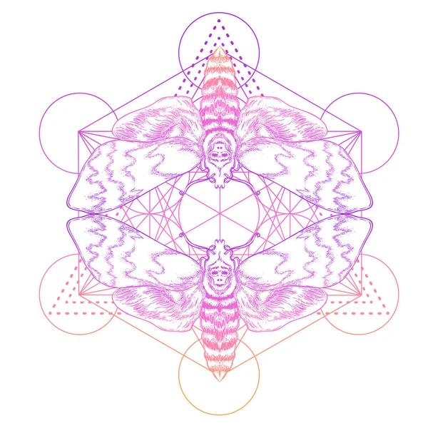 Falena sopra mandala. Bellissimo modello rotondo vintage. Illustrazione vettoriale. Composizione psichedelica al neon. Indiano, Buddismo, Tatuaggio spirituale, yoga, spiritualità. — Vettoriale Stock