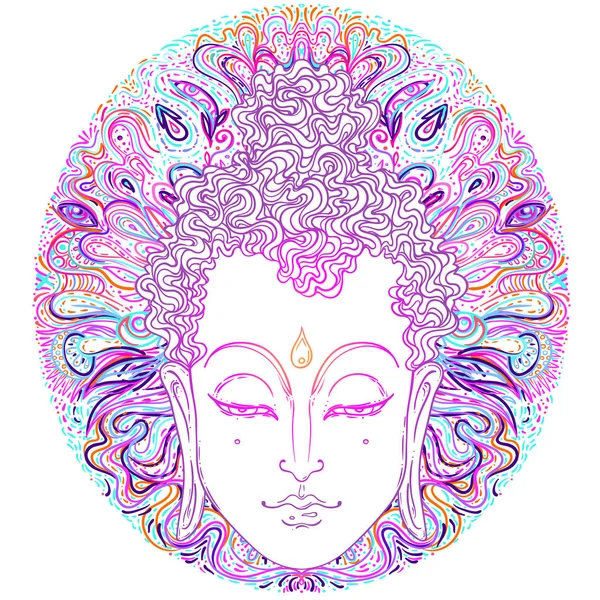 Buddhova tvář nad ozdobným mandalovým vzorem. Esoterická vektorová ilustrace. Indián, buddhismus, duchovní umění. Tetování hippie, spiritualita, thajský bůh, jóga zen — Stockový vektor