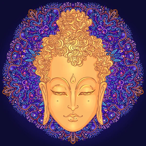 Buddhova tvář nad ozdobným mandalovým vzorem. Esoterická vektorová ilustrace. Indián, buddhismus, duchovní umění. Tetování hippie, spiritualita, thajský bůh, jóga zen — Stockový vektor