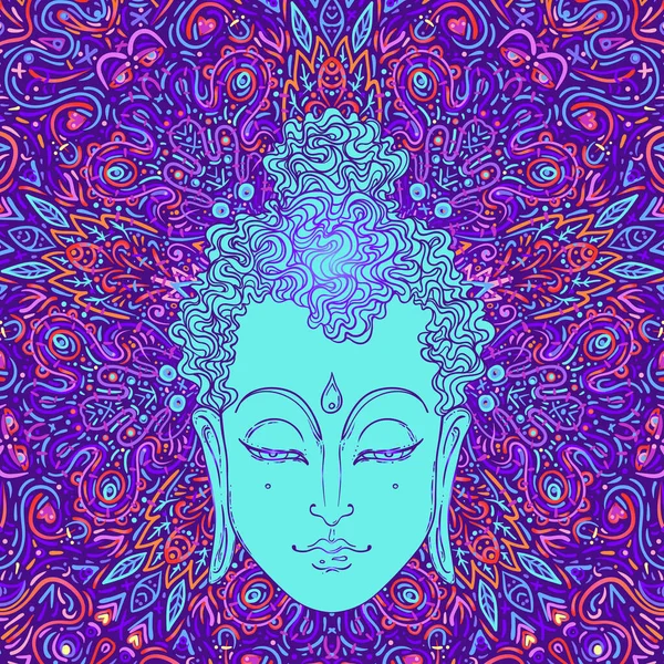 Cara de buda sobre adornado patrón de mandala. Ilustración del vector vintage esotérico. India, budismo, arte espiritual. Tatuaje hippie, espiritualidad, dios tailandés, yoga zen — Archivo Imágenes Vectoriales