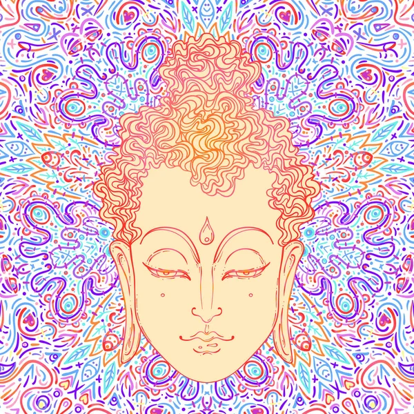 Cara de buda sobre adornado patrón de mandala. Ilustración del vector vintage esotérico. India, budismo, arte espiritual. Tatuaje hippie, espiritualidad, dios tailandés, yoga zen — Vector de stock