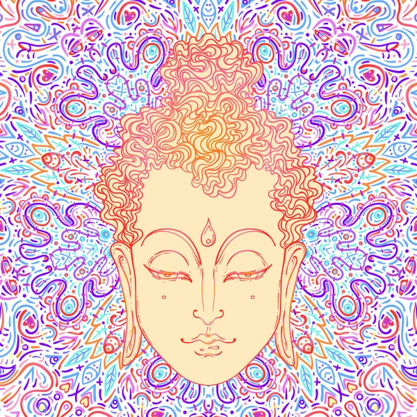 Buddha face over ornate mandala pattern. Esoteric vintage vector illustration. Indian, Buddhism, spiritual art. Hippie tattoo, spirituality, Thai god, yoga zen — Stock Vector
