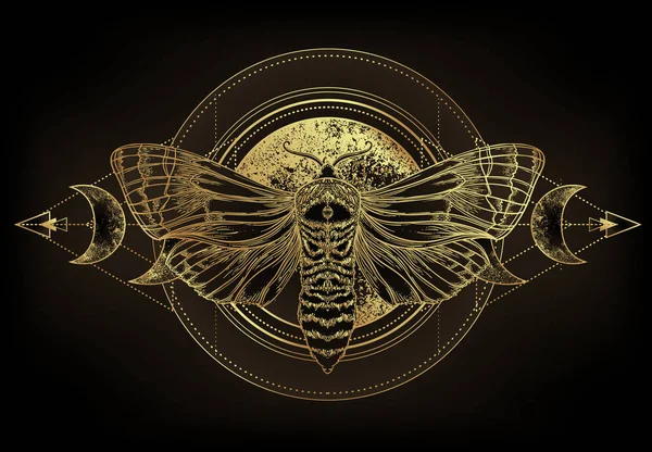 金蛾在神圣的几何符号之上,孤立的矢量图解.纹身闪光。神秘的符号和黄金中的昆虫炼金术、神秘主义、灵修. — 图库矢量图片