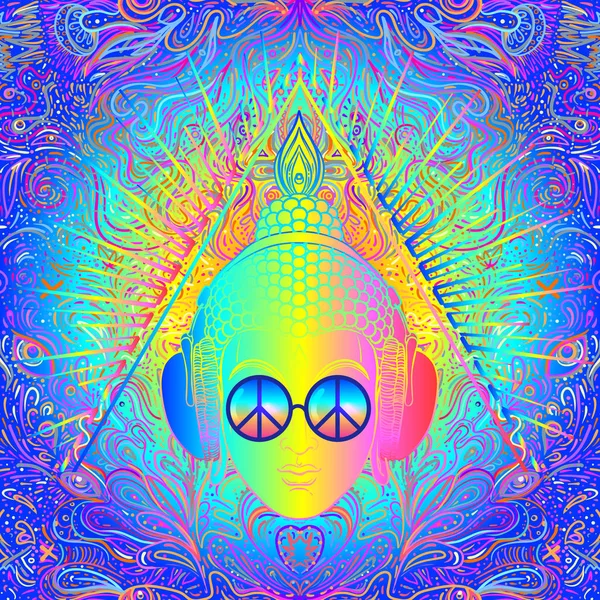 Duduk Buddha di atas warna-warni neon latar belakang. Pola mulus. Vektor ilustrasi. Komposisi jamur psikedelik. India, Buddha, Tato Spiritual, yoga, spiritualitas. - Stok Vektor