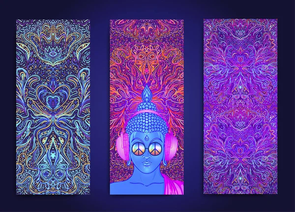 Kartu Yoga, selebaran, poster, desain tikar. Berwarna neon template untuk spiritual mundur atau yoga studio. Kartu nama ornamental, pola oriental. Ilustrasi vektor . - Stok Vektor