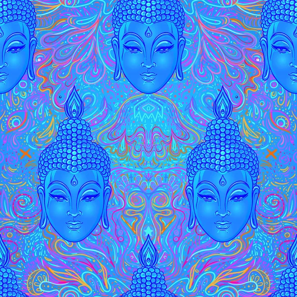 Sitter Buddha över färgglada neon bakgrund. Sömlöst mönster. Vektorillustration. Psykedelisk svampsammansättning. Indiska, buddhism, Andlig tatuering, yoga, andlighet. — Stock vektor