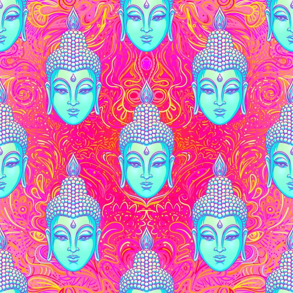 Buddha seduto su sfondo colorato al neon. Schema senza soluzione di continuità. Illustrazione vettoriale. Composizione psichedelica dei funghi. Indiano, Buddismo, Tatuaggio spirituale, yoga, spiritualità. — Vettoriale Stock