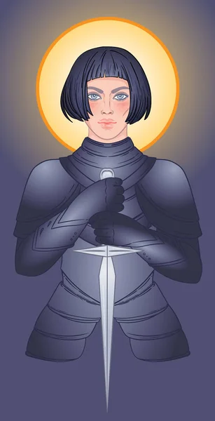Potret gadis cantik dengan pedang. Ksatria berbaju baja wanita. Vektor ilustrasi. Estetika abad pertengahan. Kekuatan wanita. Joan of Arc terinspirasi. Stok Ilustrasi Bebas Royalti