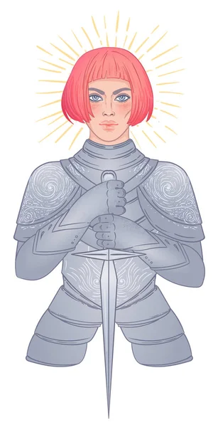 Potret gadis cantik dengan pedang. Ksatria berbaju baja wanita. Vektor ilustrasi. Estetika abad pertengahan. Kekuatan wanita. Joan of Arc terinspirasi. Stok Ilustrasi 